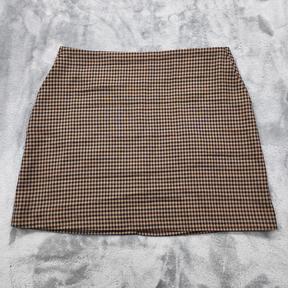 Vintage Cruise Skirt Womens 12 Tan Black Check‎ Plaid Mini Back Zip Slit Pocket